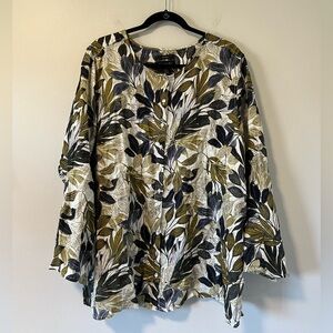 Tahari Linen Leaf Print Button Down Tunic Top